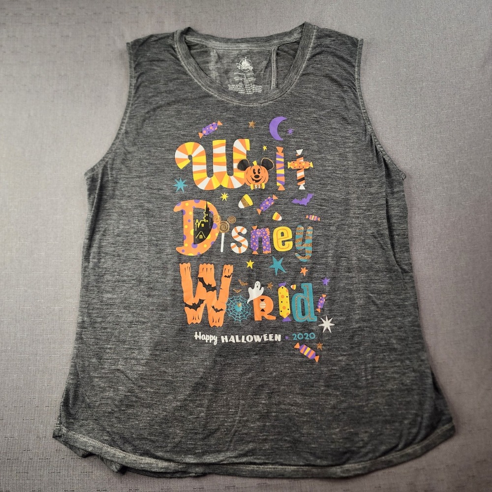 Disney World Halloween 2020 Candy Graphic Tank Top Grey Split Back Womens Large